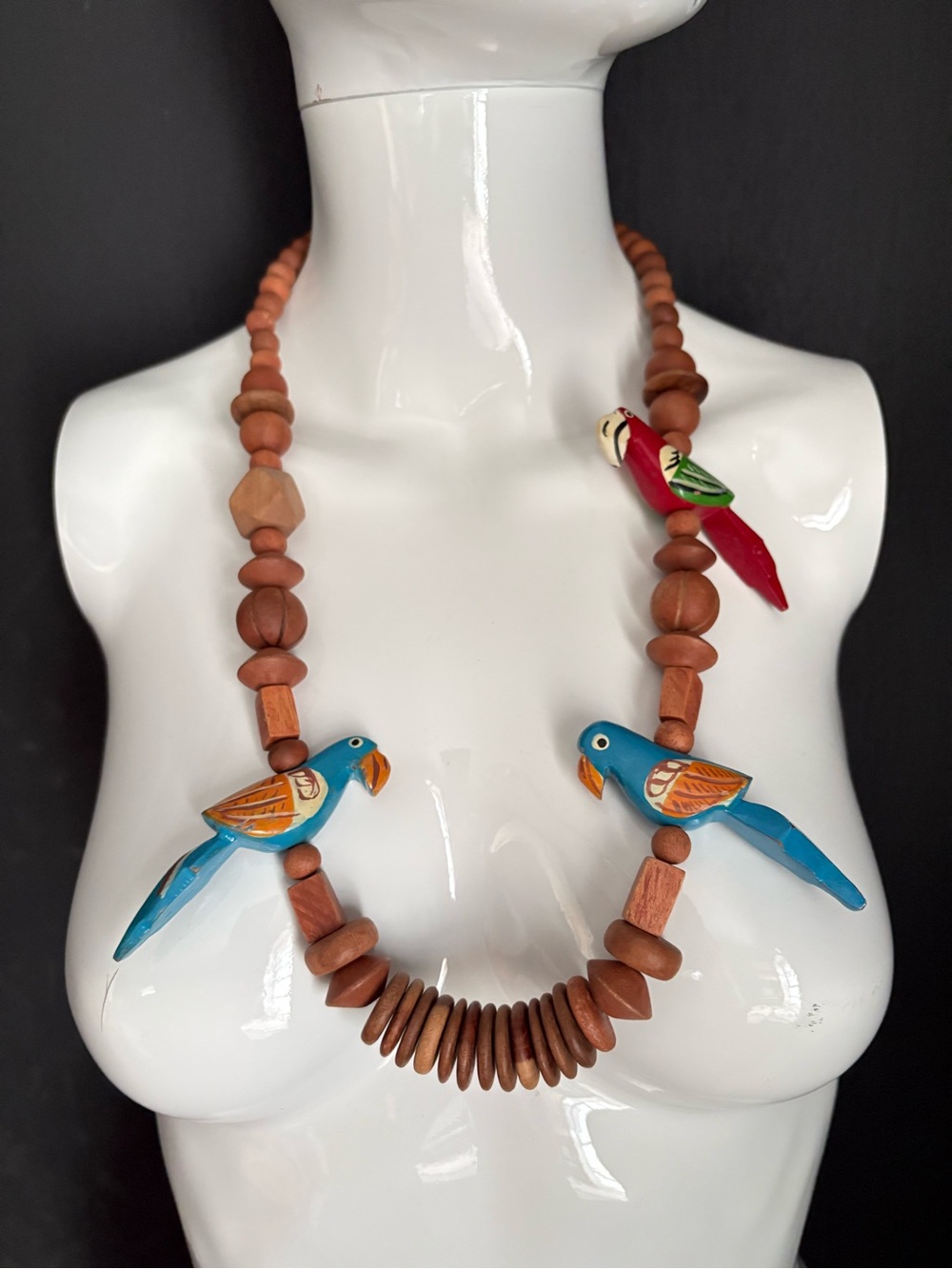 Vintage Carved Wooden Parrot tropical Bird necklace